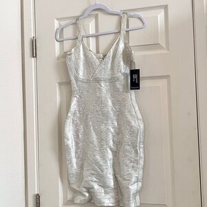 Marciano silver, and white bandage mini dress